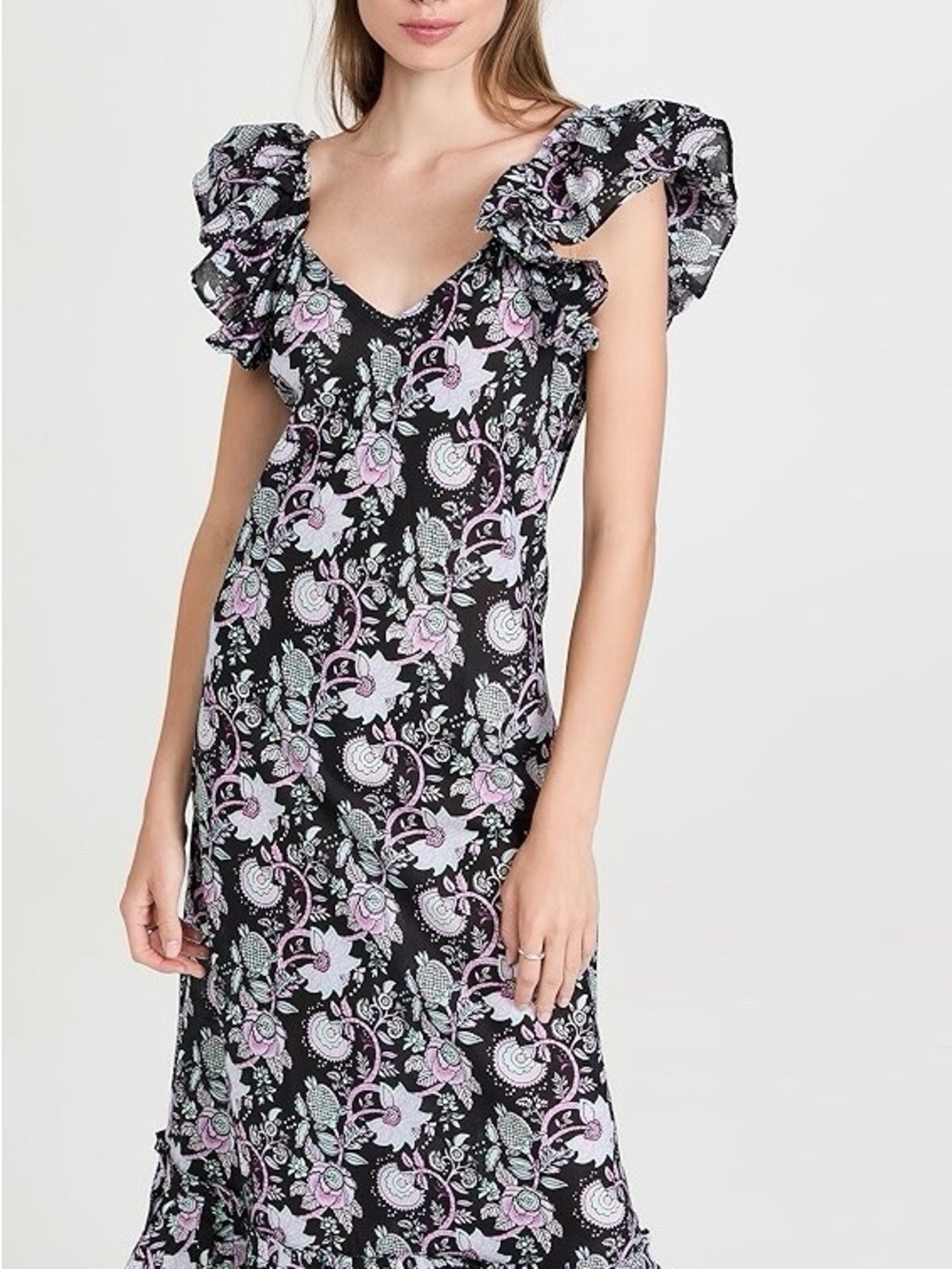 V-Neck Floral Midi Dress with Ruffled Shoulders in Black and Lilac